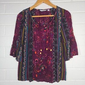 Great Northwest Indigo Blouse Medium Multicolor Floral Boho Bell Sleeve Top Art